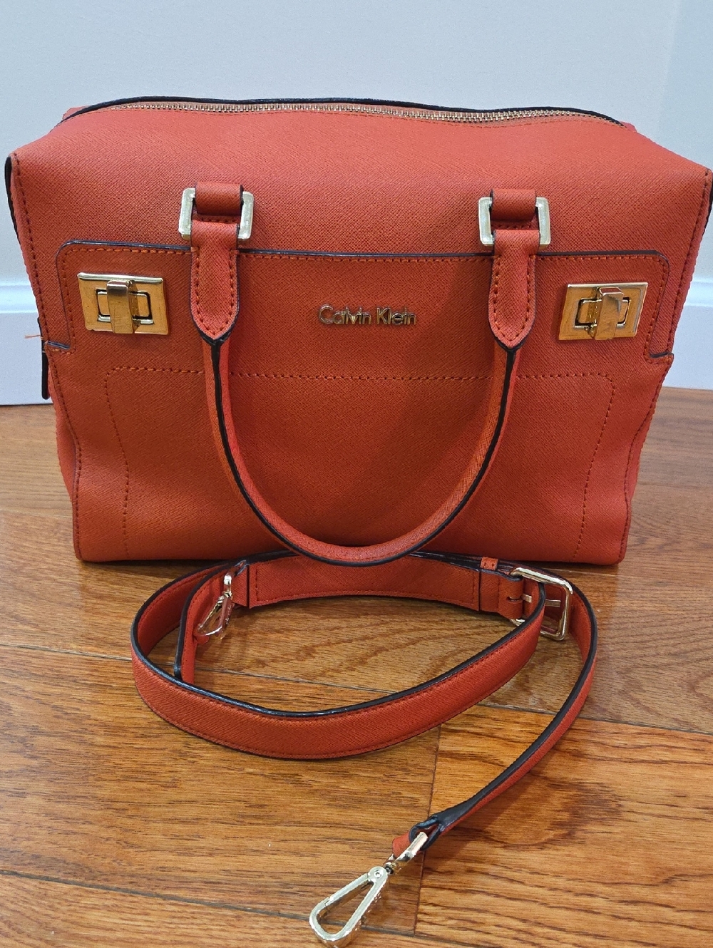 Calvin Klein Coral-Orange Structured Satchel with Gold Hardware